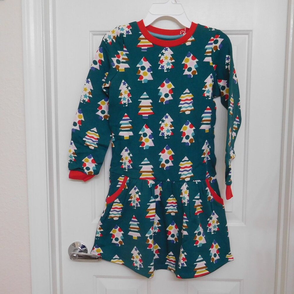 NWT Mini Boden Green Sweatshirt Dress with Colorful Christmas Trees sz 9-10